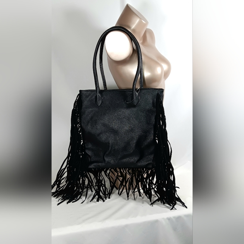 Corporate Goth Black Faux Leather Handbag Shoulder Bag Sueded Tassel Detailing